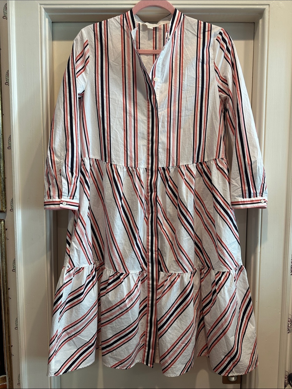 COS White Striped Tiered Dress with Pink and Navy